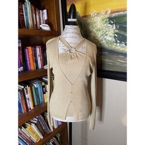 August Silk Knit Stretch Metallic Gold Sparkle Layers Keyhole Sweater Cardigan L